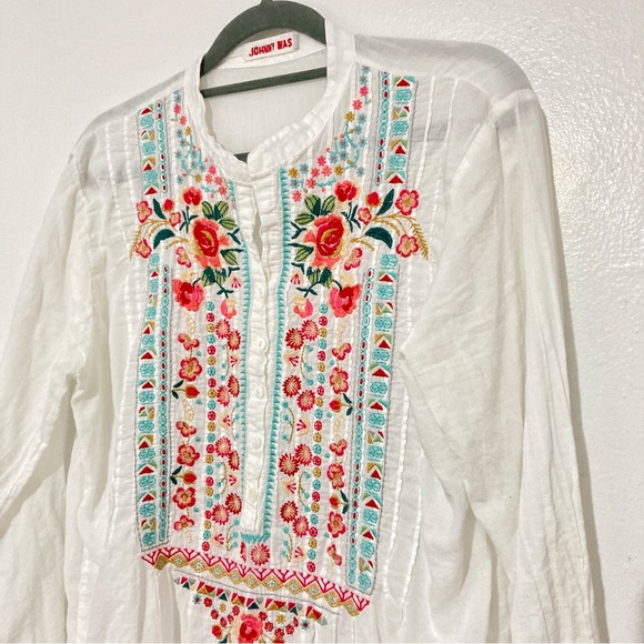 Johnny Was White Floral Embroidered Tunic Blouse Long Sleeves Size S - Picture 3 of 10